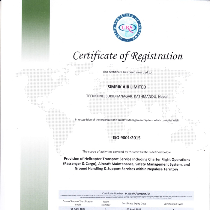 Simrik Air Achieves ISO 9001:2015 Certification for Quality Management