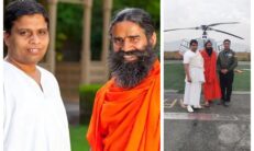 Yoga Guru Ramdev and Acharya Bal Krishna with Simrik Air Helicopter